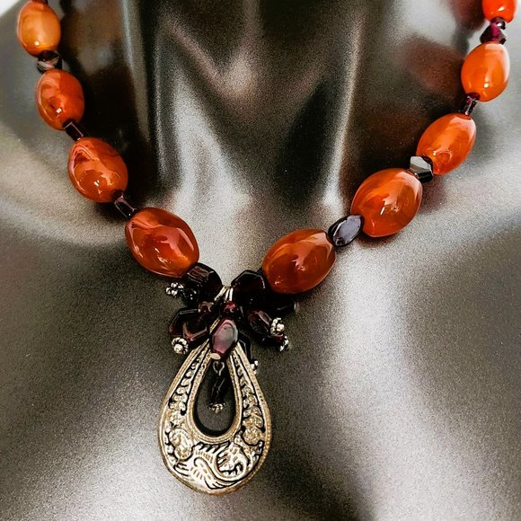 Necklace with Vintage Garnets, Carnelian, Taxco Sterling Pendant - Picture 1 of 5